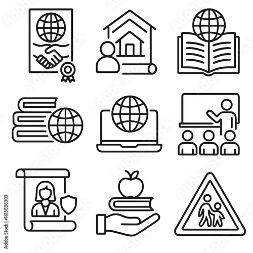 Global Education Icons. Line style icons of global education access: education for all treaty, refugee school law, international