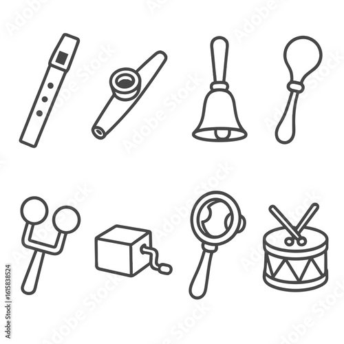 Noise Toy Icons. Line style icons of novelty noise toys: tin whistle, kazoo, hand bell, squeeze horn, clacker toy, music box with