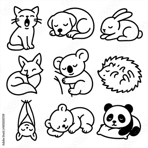 Sleepy Animal Icons. Line style icons of sleepy animals: yawning cat, curled up dog, napping bunny, fox with tail wrapped, koala
