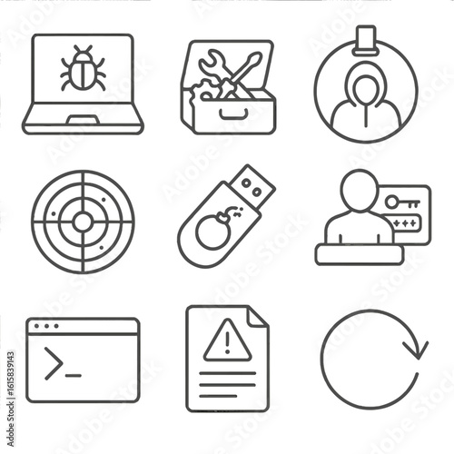 Penetration Testing Icons. Outline style icons of Penetration Testing Kit: penetration tester laptop, exploit toolkit, ethical