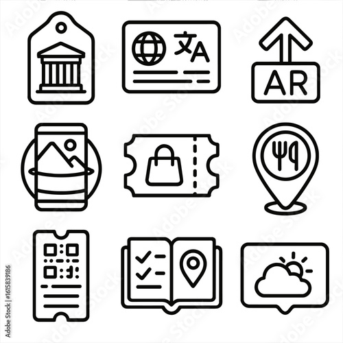 AR Tourism Icons. Outline style icons of AR Tourism Guide: landmark overlay tag, multilingual info card, AR route arrow, panoramic