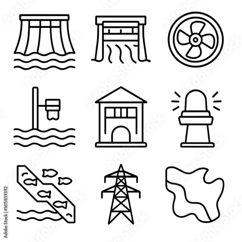 Hydro Dam Icons. Outline style icons of Hydro Dam Monitoring: dam wall, spillway gate, turbine runner, water level sensor,