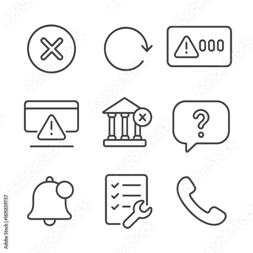 Payment Alert Icons. Outline style icons of Payment Failed Alert: red cross badge, retry arrow, error code box, insufficient funds