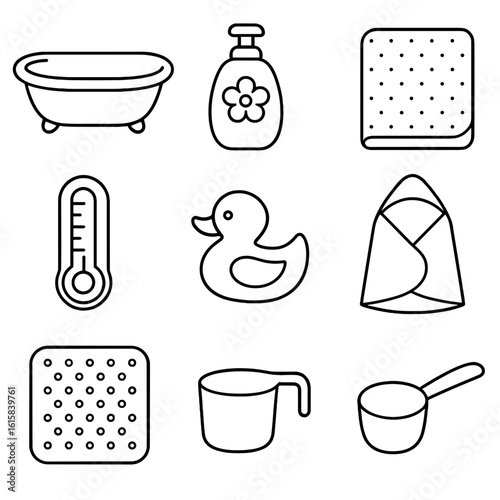Baby Bath Essentials. Outline style icons of Baby Bath Time: baby bathtub, gentle shampoo bottle, rinse cup, soft washcloth, bath