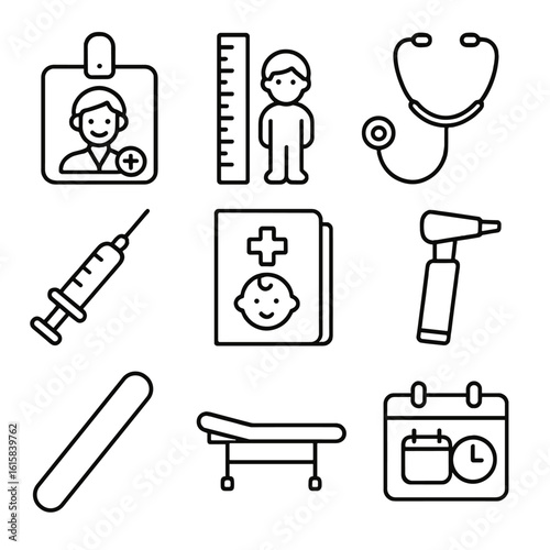 Pediatric Icons Collection. Outline style icons of Pediatric Check-Up: pediatrician badge, growth chart, stethoscope, vaccine