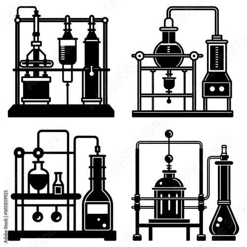 Illustration of four different chemical distillation apparatus setups in black and white laboratory equipment