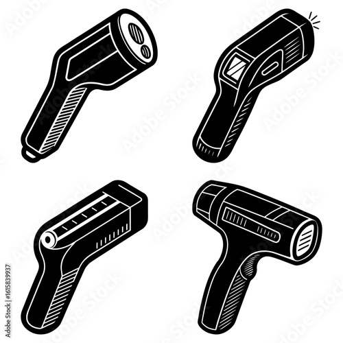 Illustration of four different styles of infrared thermometers in black and white design