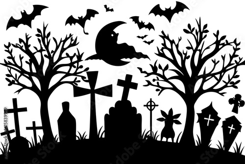 Eerie cemetery silhouette illustration for a spooky Halloween concept. A gothic graveyard scene with tombstones, bare trees, bats, and a creepy moon.