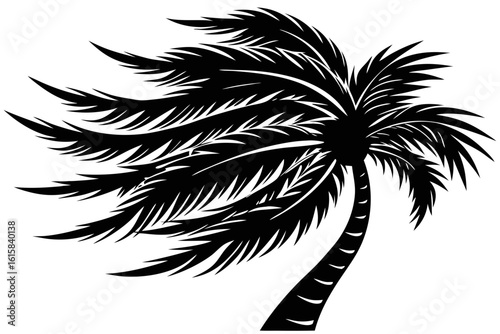 Monochrome silhouette of a tropical palm tree with leaves blowing in the wind. Isolated vector graphic icon for a travel, beach, or summer theme.