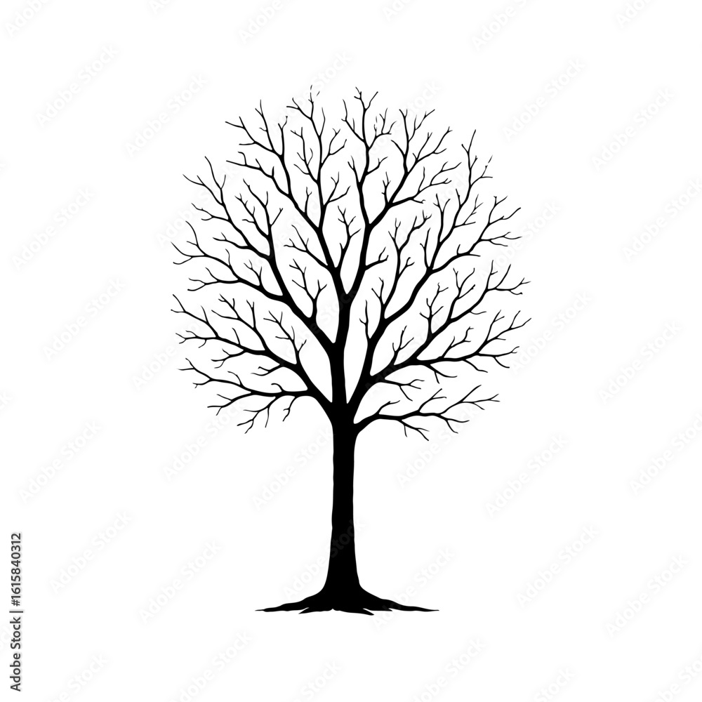 Obraz premium Solitary Bare Tree Silhouette Illustration for Environmental Projects and Seasonal Designs on a Clean White Background Suitable for Various Creative Applications