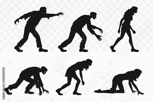 Set of zombie silhouettes in various walking and crawling poses. Vector collection of undead male and female figures for a horror apocalypse concept.