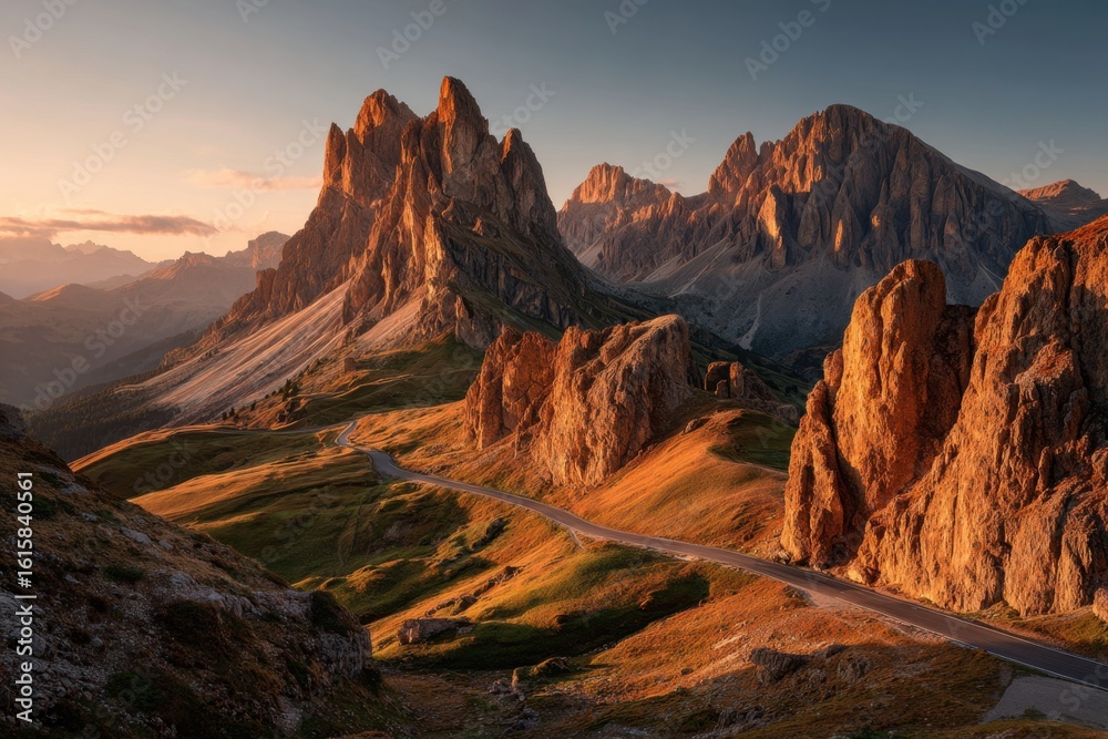 Fototapeta premium Peaky rock mountain range at sunset with a winding road, showcasing rugged peaks and sun-kissed slopes under a clear sky