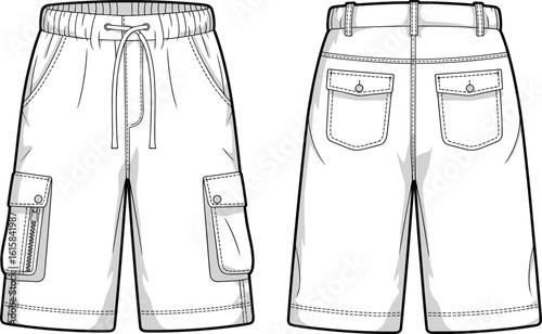 Cargo shorts front and back view, elastic waistband, drawstring, flap pockets, buttons, fashion illustration, casual garment design, stitching detail