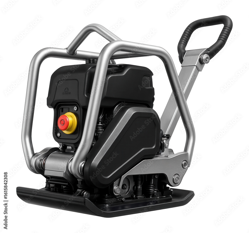 Fototapeta premium Reversible vibratory plate compactor with a sleek aluminum frame and silent operation mode for noise-sensitive environments.