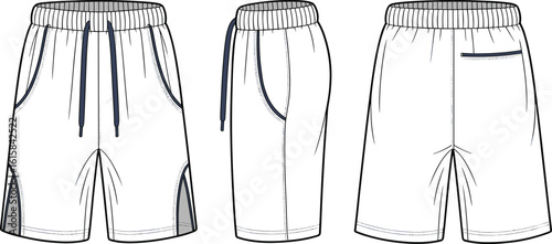 Casual athletic shorts with drawstring waistband, side pockets, back pocket, stitched seams, front side back views, sportwear fashion