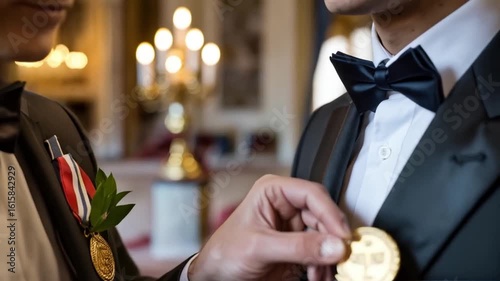 Man receiving prestigious award, formal ceremony, celebrating achievement and recognition in style