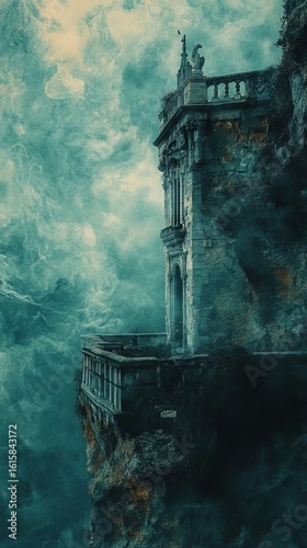 Ancient Stone Building on a Cliff Overlooking Misty Sky