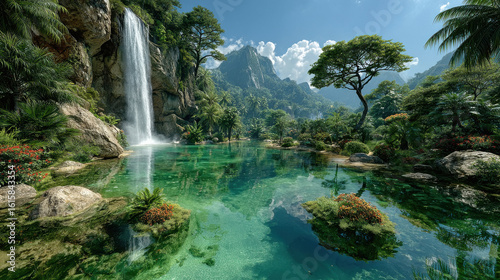 a waterfall cascading from a cliff into a crystal-clear turquoise lagoon