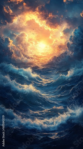 Ocean Waves Crashing Under a Dramatic Sky at Sunset