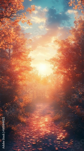 Pathway Through Autumn Forest with Sunlight and Colorful Leaves