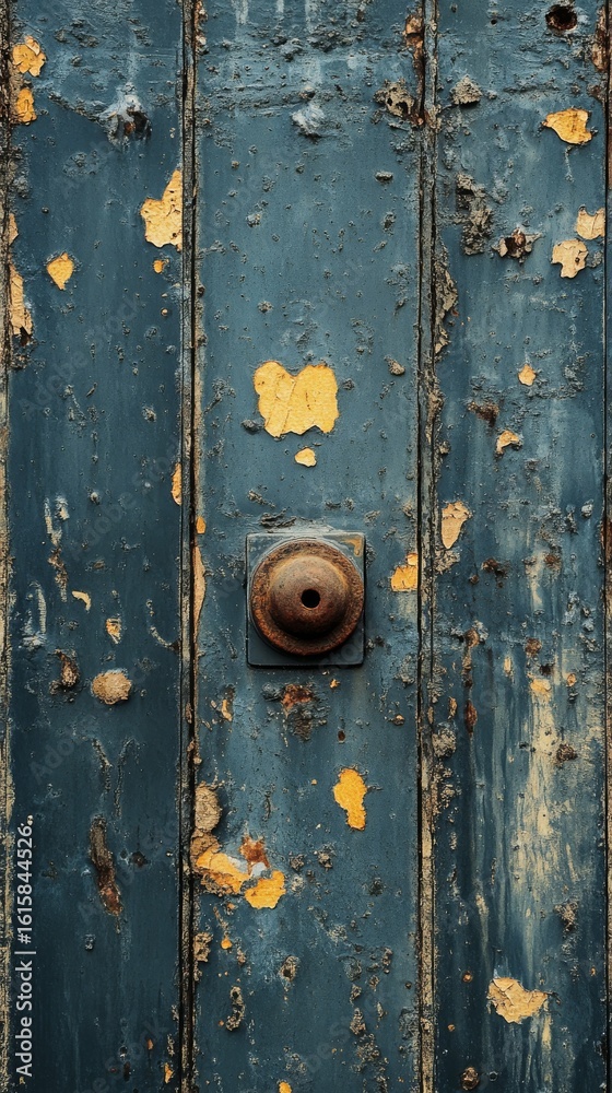 Fototapeta premium Old Wooden Door Detail with Weathered Paint and Rustic Bell