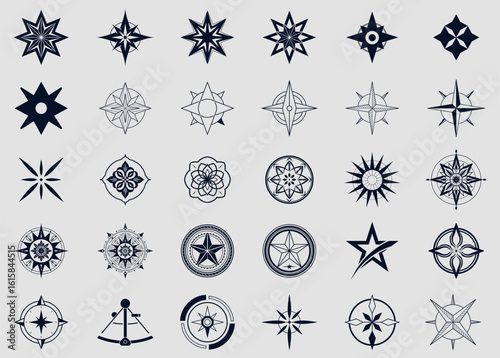 Collection of geometric compass rose and star symbols in a clean monochrome style. Ideal for navigation, nautical themes, tattoos, logos, or decorative design.