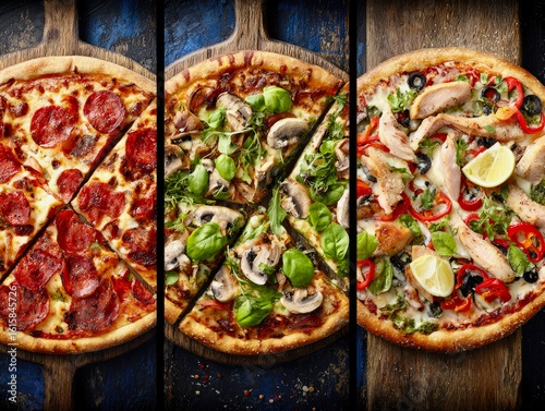 Freshly Baked Pizzas with Assorted Toppings on Wooden Plates

