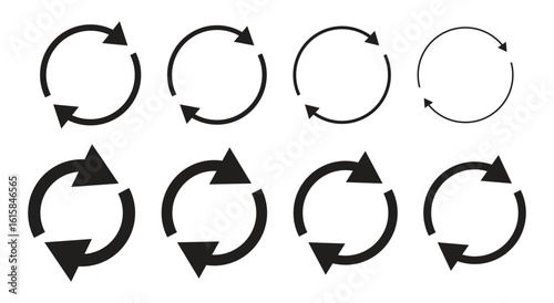 Collection of vector icons of two circular arrows. Symbols for refresh, recovery, and loading, among others. A circular pointer for a repeating process. Vector illustration.
