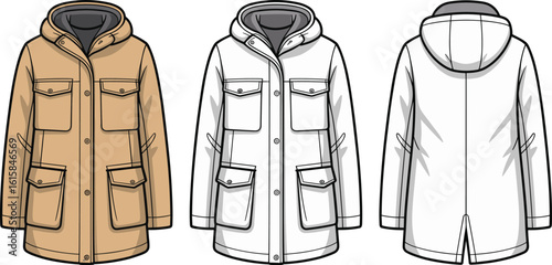 Hooded jacket front and back view, stylish outerwear design, tan, black, white fashion, flap pockets, zipper, streetwear style