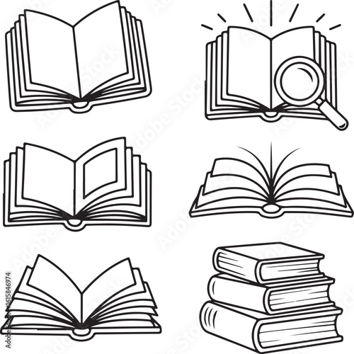 Perspective Open Book Icons – Side View, Top View, and 3D Angle Line Drawings