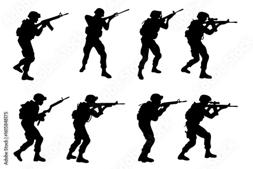 Collection of military soldier silhouettes in dynamic combat action poses holding assault rifles. Isolated vector graphic set for design.