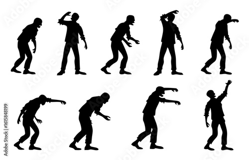A collection of zombie silhouettes in various shuffling and lurching poses. Set of spooky undead monster figures for horror designs.