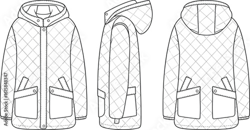 Quilted hooded jacket technical drawing, front, side, back views, diamond stitching, flap pockets, zipper closure, garment design, outerwear showcase