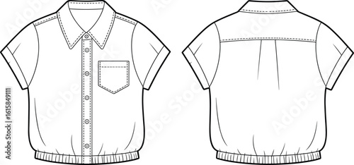 Short sleeve button-up shirt technical drawing, front and back views, elastic waistband, chest pocket, yoke pleat, fashion design layout