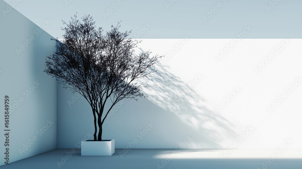 Obraz premium A solitary tree standing in an empty room with shadows across wall