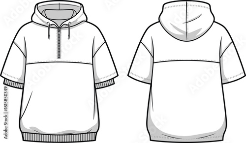 Short sleeve hoodie technical sketch, front back views, half zipper neckline, drawstring hood, ribbed cuffs hem, garment fashion illustration