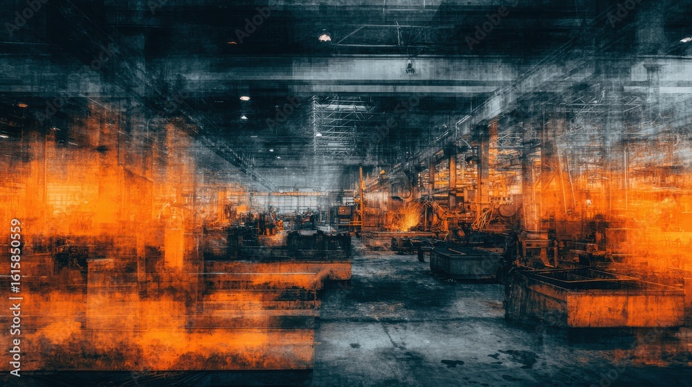 Obraz premium Threatening factory interior with burning welders and alarm beacons