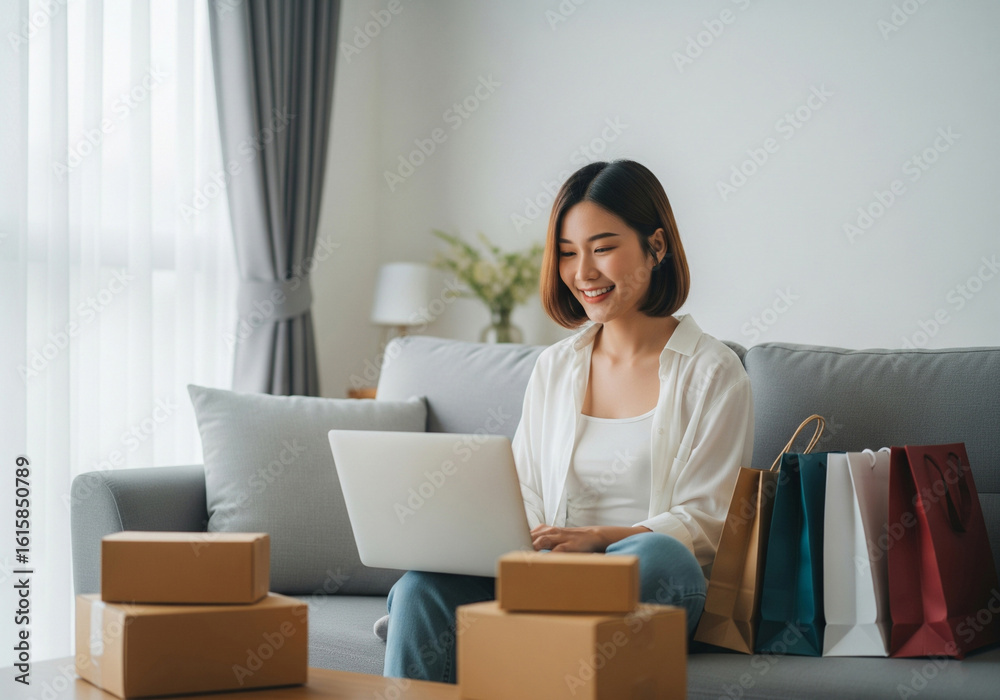 Young woman online shopping on a laptop with packages and shopping bags Young woman online shopping on a laptop with packages and shopping bags