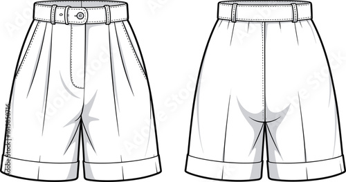 Shorts front and back view, pleated design, belt with buckle, cuffed hem, fashion illustration, clothing sketch, garment construction detail