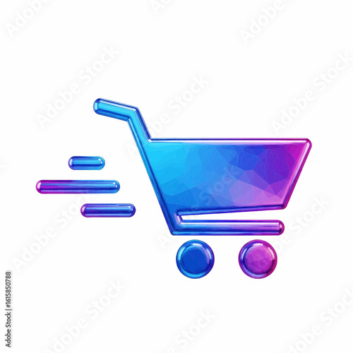 Vibrant low-poly shopping cart icon with motion blur, symbolizing fast e-commerce, online purchasing, and express delivery service.
