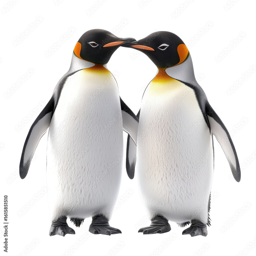 Obraz premium Two adult king penguins facing each other with black, white, and orange plumage, standing upright with their beaks nearly touching.