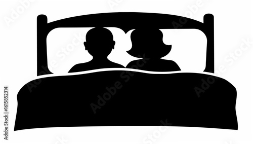 Silhouette of a couple lying in bed under the covers with a headboard in black and white illustration