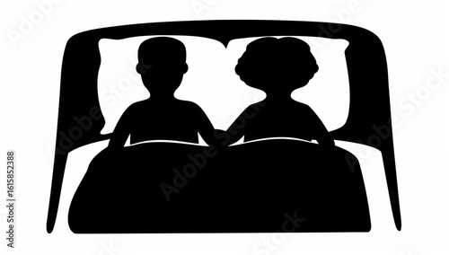 Silhouette of a couple in bed holding hands under covers with pillows and headboard in black and white