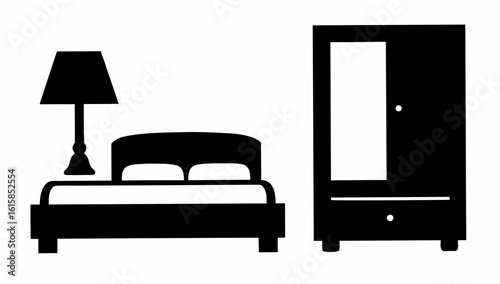 Bedroom interior featuring a bed with pillows, a bedside lamp, and a wardrobe with a mirror panel