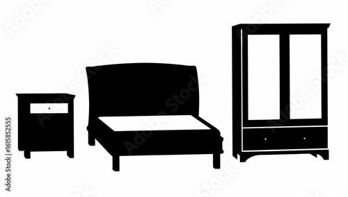 Silhouette of a bedroom set including a bed a nightstand and a wardrobe in black and white style