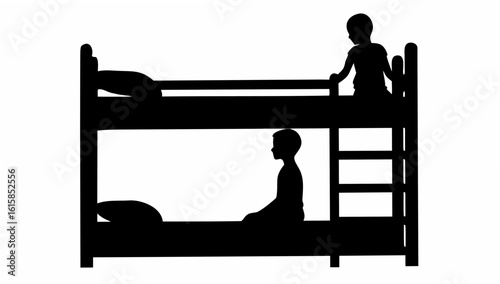 Silhouette of two children on a bunk bed, one standing on the top bunk and one sitting on the bottom bunk