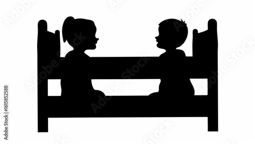 Silhouette of a girl with ponytail and boy in a bed facing each other in a black and white image