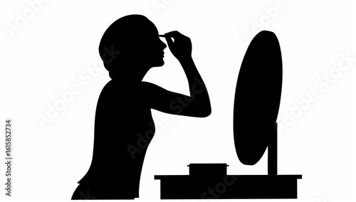 Silhouette of a woman applying makeup in front of a mirror on a vanity table in black and white tone