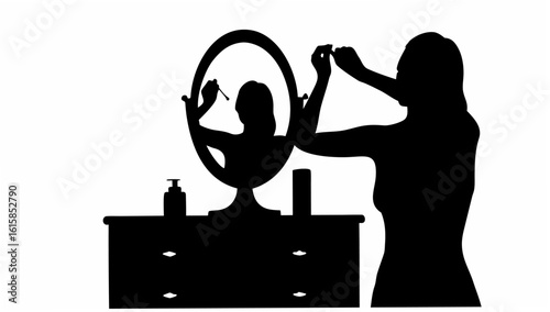 Silhouette of woman applying makeup in front of mirror on vanity with beauty products in black and white