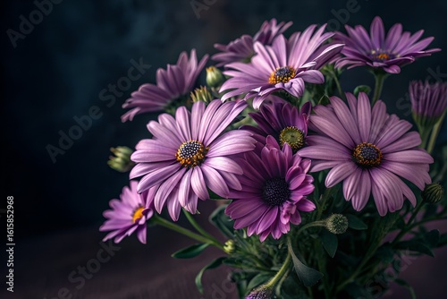 A bouquet of purple daisy-flower on a dark background.